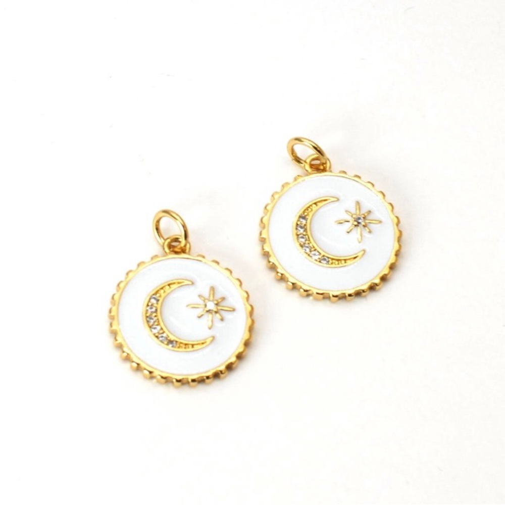 2 PCS Crescent Moon, Star Round Charm Pendant, Brass 14K Real Gold Plated Enamel